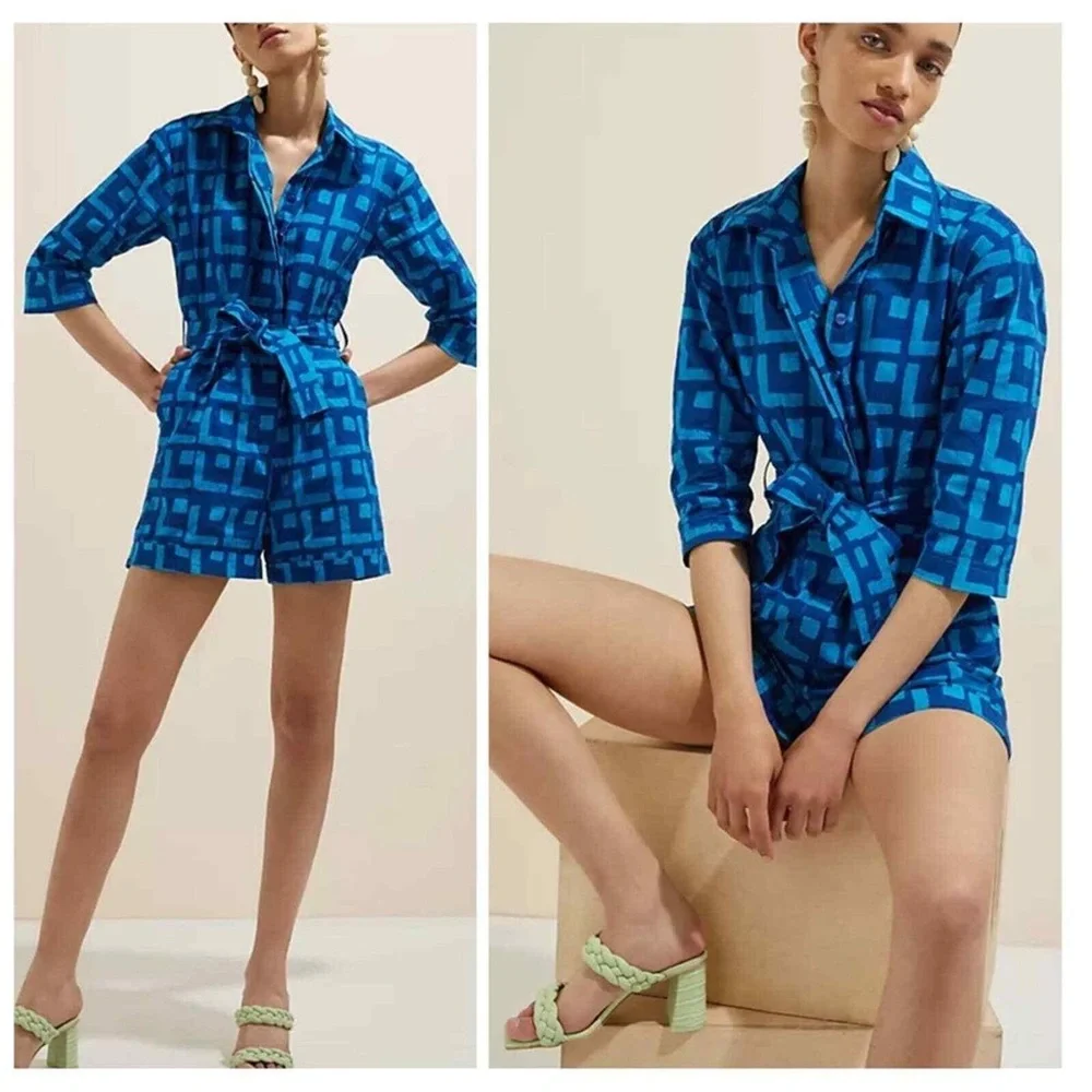 Sika x Anthropologie Blue Geometric Romper NWT Size 6 Belted‎ Cotton Ethical